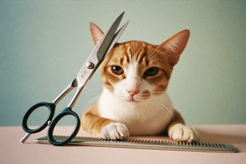 Grooming scissors and a comb laid out on a plain surface